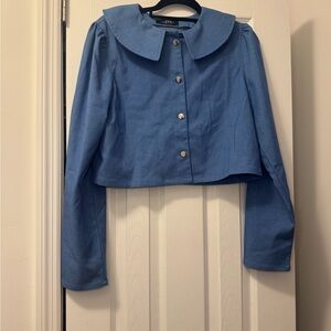 Cropped Peter Pan Jacket with Puff Sleeves Blue Size Large